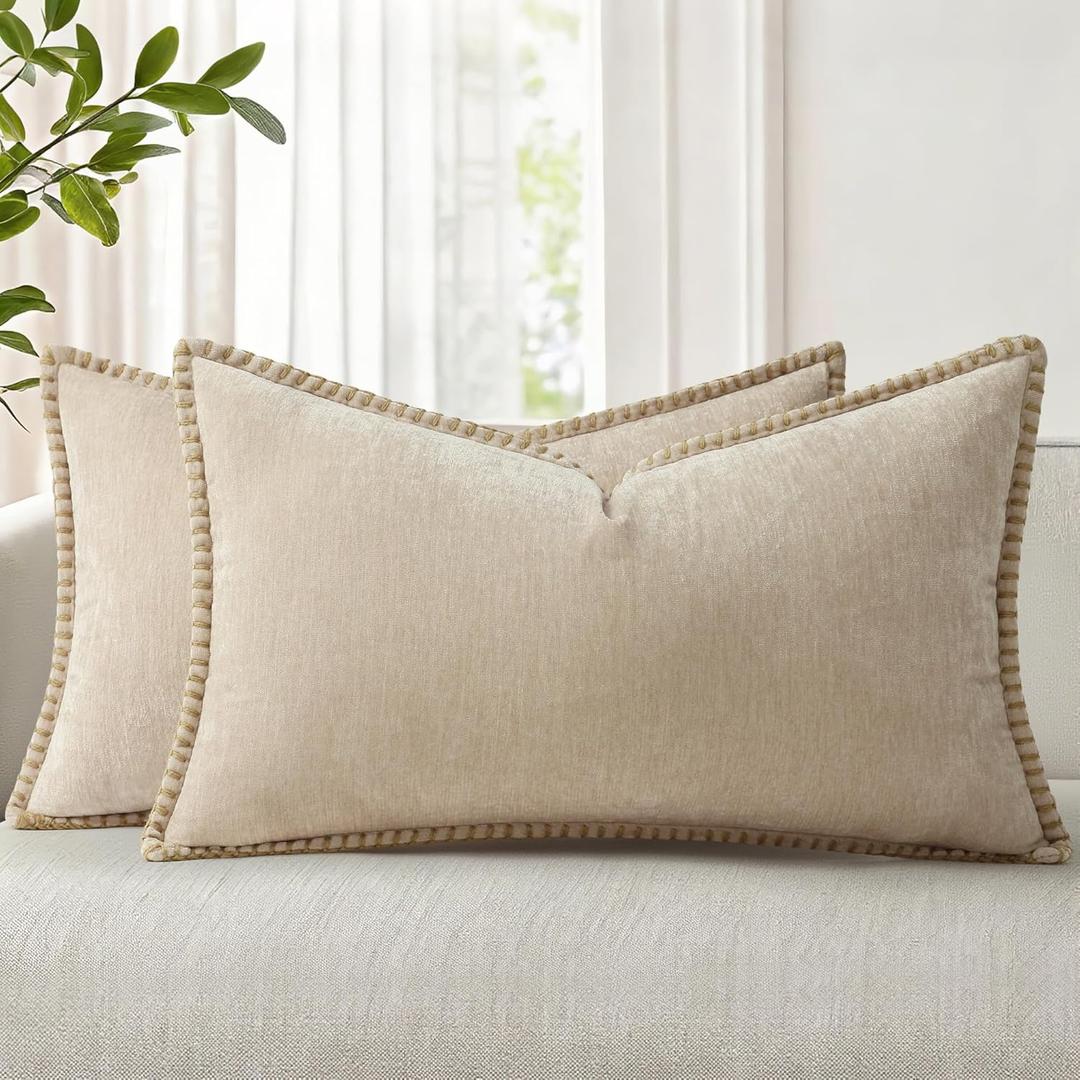 decorUhome Spring Chenille Soft Cozy Throw Pillow Covers 12x20 Set of 2, Modern Farmhouse Boho Velvet Decorative Pillow Cases with Stitched Edge for Couch Sofa Bed Home Decor, Beige