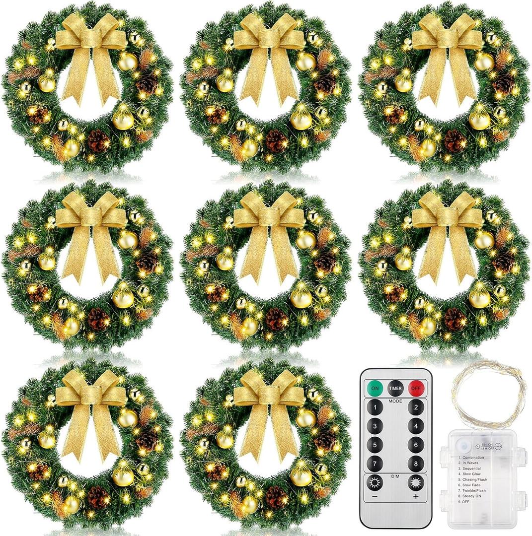 Ceenna 8 Pcs Lighted Christmas Wreath 14 Inch Pre Lit Artificial Christmas Wreath with Battery Operated LED Light and Timer for Xmas Front Door Outdoor Window Holiday Party Decor(Classic Bow)