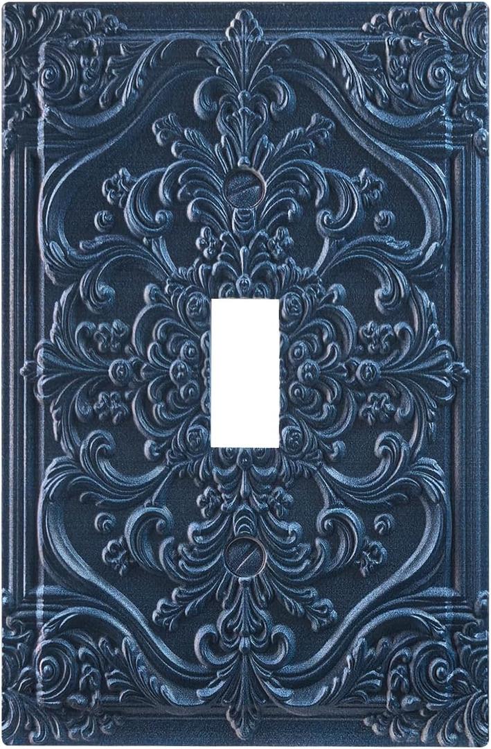 Decorative Light Switch Plate Covers Navy Blue 3D Vintage Floral Embossed 1 Gang Light Switch Cover Plate Single Toggle Wall Plate Outlet Covers Faceplate for Bedroom Home Decor