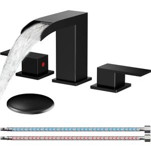 Matte Black 8 Inch Widespread Bathroom Faucets, Square Waterfall Bathroom Sink Faucet with Pop-Up Drain & Supply Lines, Budget-Friendly Vanity Upgrade for Bath Remodel