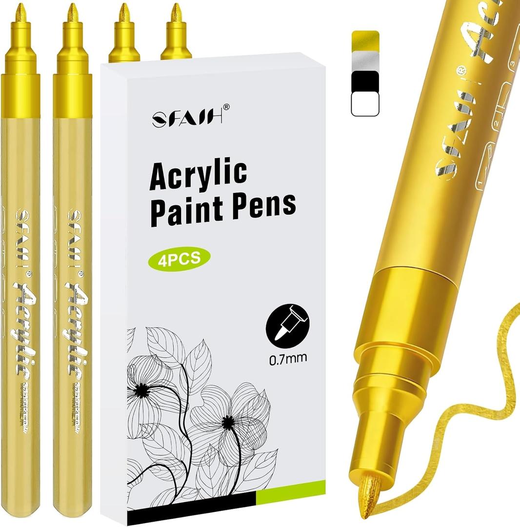 SFAIH Gold Paint Markers Pens - 4 Pack 0.7MM Fine Tip Metallic Acrylic Markers for Rock Painting, Wood, Metal, Fabric, Plastic, Canvas, Glass, Ceramic, Diy Crafts, Drawing, Tire