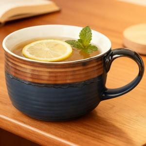 Disoza Large Coffee Cup Ceramic Soup Mug with Handles 24 OZ Oversized Bowl Porcelain 700 ML Coffee Tea Cup Blue & Brown XXL Cereal Bowls Soups Ramen Salad Bowl Coffee Cappuccino Cups Large Soup Mug