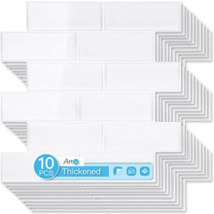 Art3d 10-Pack Heavy-Duty Peel and Stick Backsplash, 12 x 12 Inch Vinyl Seaglass Subway Design Stick on Wall Tile for Kitchen Living Room Home Decor, White