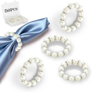50 Pcs Pearl Napkin Rings Imitation Pearl Beaded Napkin Rings Holder Elegant Rhinestone Serviette Rings Buckle for Formal Wedding Home Dinner Party (White and Silver) (Set of 50)