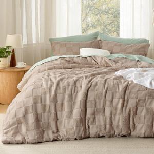 Bedsure Full Size Comforter Set Khaki, Boho Tufted Bed Set, Checkered Farmhouse Shabby Chic Bedding, 3 Pieces, 1 Plaid Geometric Comforter and 2 Pillow Shams