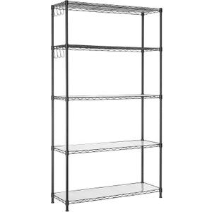 SONGMICS 5-Tier Storage Shelves, Wire Shelving Unit, Kitchen Metal Shelves, Storage Rack with Adjustable Shelves, Shelf Liners, 8 Hooks, for Garage, 11.8 x 35.4 x 63 Inches, Black ULGR095B01