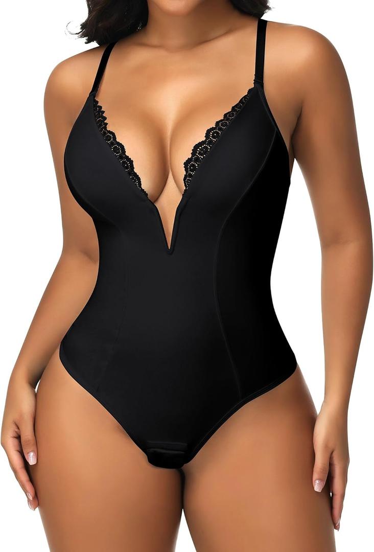 SHAPERIN Women's Lace Deep V Neck Cami Bodysuit Plunge Tummy Control Shapewear Thong Body Suits Double Lined Body Shaper (Small, Black)