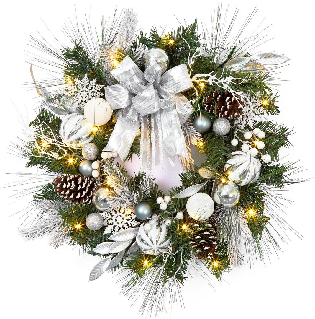 Christmas Wreath for Front Door, 24 Inch Outdoor Christmas Wreath, Battery Operated Xmas Wreath with Silver White Ball Ornaments Bows and 20 LED Lights for Home Holiday Decor