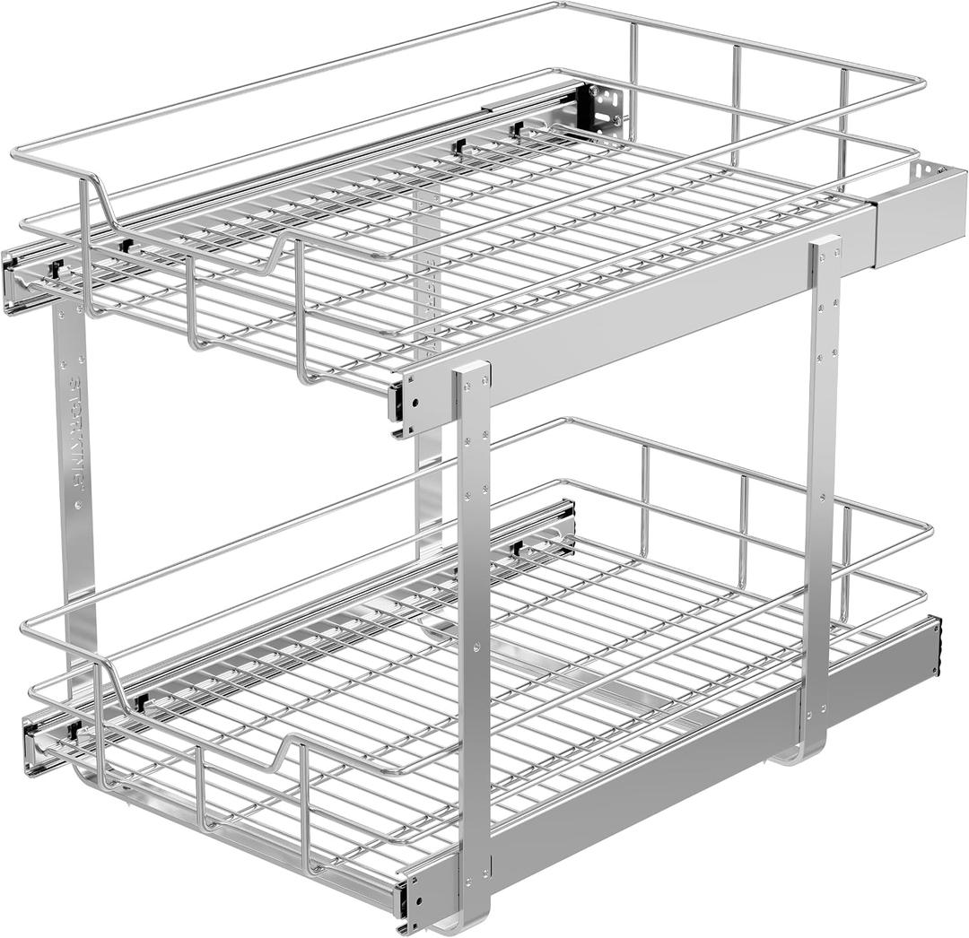 2 Tier Pull Out Cabinet Organizer 14" W X 22" D, Slide Out Drawers For Kitchen Cabinets, Pull Out Drawers For Cabinets Capacity Heavy Duty Caddy, Cabinet Pullout Shelves Chrome-Plated,Bathroom Pantry