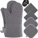 KEGOUU Oven Mitts and Pot Holders 6pcs Set, Kitchen Oven Glove High Heat Resistant 500 Degree Extra Long Oven Mitts and Potholder with Non-Slip Silicone Surface for Cooking (Grey)