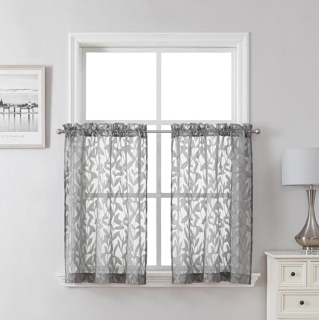 Lecloud Leia 36 Inch Charcoal Grey Sheer Curtains Tiers 2 Panels, Clip Textured Cafe/Bedroom/Living Room/Kitchen Gray Curtain for Small Window, Jacquard Leaf Drapes with Dual Rod Pockets, 38x36 Inches