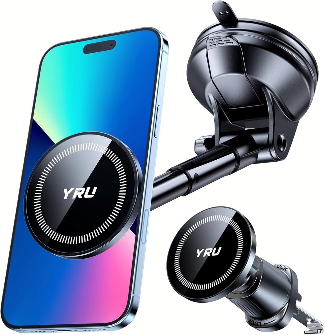 YRU [2025 Upgraded] Magnetic Phone Holder for CarPatented & Super Magnet for MagSafe Car Mount Dashboard Magnet Phone Holder Windshield Phone Stand for iPhone 16 15 14 13 12 Pro Max Samsung, Black