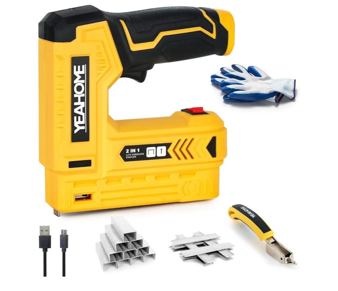 YEAHOME Electric Staple Gun, 2 in 1 Light Duty Cordless Staple Gun for Upholstery with 2000 Staples & Nails, 3.7V Brad Nailer Kit with USB Charger & Staple Remover for Wood, Carpentry, Crafts, DIY