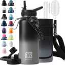 Insulated Water Bottle | Thickened Stainless Steel Vacuum Metal | Portable Sports Water Jug for Gym and Hiking with Straw, Carrier Bag, Handle Strap | BPA-Free 32 oz (Black/Gray)