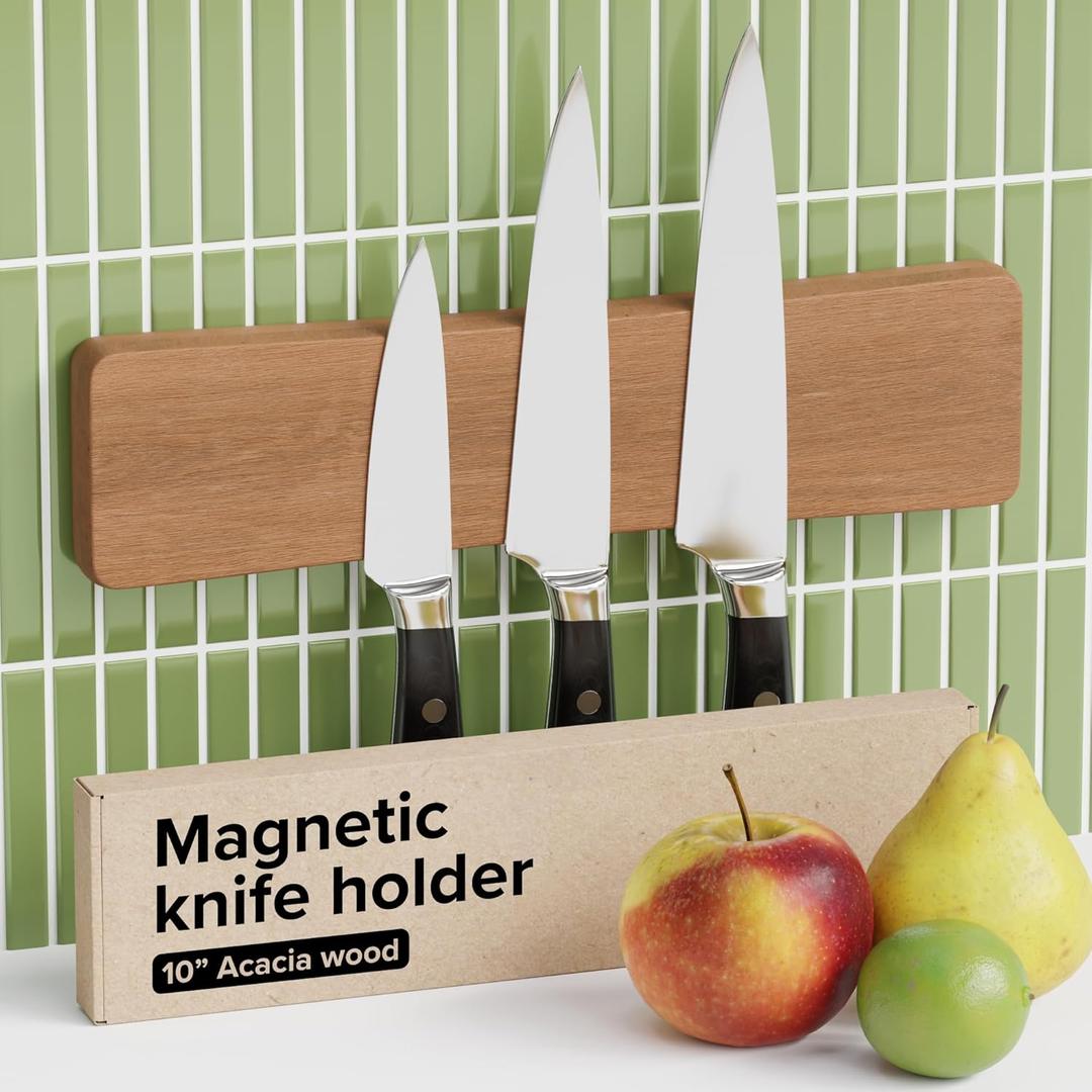 Knife Magnetic Strip 10" Acacia Wood Natural Beech  Magnetic Knife Holder for Wall no Screws  Kitchen Utensil Holder, Knife Bar, Knife Rack, Kitchen Organizer and Tool Holder