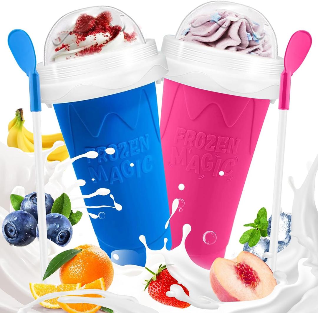 FANS-ONE Slushie Cup, 2 Pack Slushy Maker Cup, Frozen Magic Squeeze Cups for Juice Milk Yogurt Ice Cream Make, DIY Smoothie Cooling Cup with Lid & Straw for Kids Friends Family (Blue+Pink)