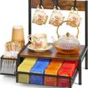 Tea Bag Organizer, Wood Tea Organizer and Storage Cheast, Tea Bag Holder with Storage Drawer, 4 Hooks for Tea Cups Holder, Tea Station Chest Display Container Box for Countertop Kitchen (Brown)