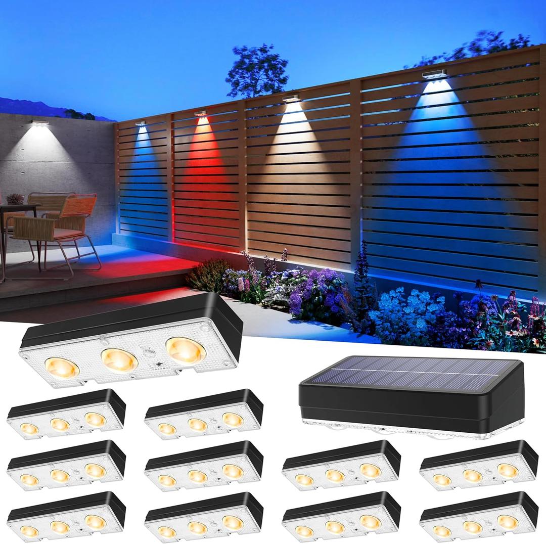 JOFIOS Solar Fence Lights Outdoor Waterproof Led, 12Pack,1300mAh,6 Inch Solar Lights for Fence with Warm White & RGB 8 Colors,Outdoor Solar Lights for Patio, Backyard, Deck, Fence, Railing (Black)