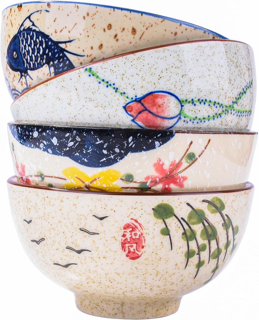 Whitenesser Japanese Retro Rice Bowls Set of 4 HandPainted Floral Design Ceramic Soup Sushi Bowls Small Cute Bowls