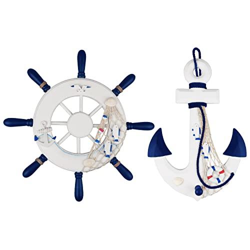 Meching 2 Pack 13" Nautical Beach Wooden Ship Wheel and 13" Wood Anchor with Rope Nautical Boat Steering Wheel Rudder Anchor Wall Decor Door Hanging Ornaments Beach Theme Home Wall Decoration