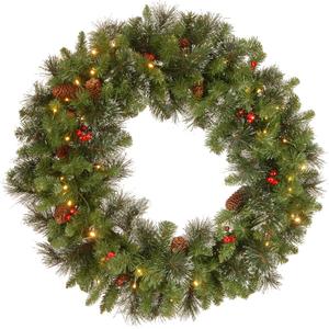 National Tree Company 30 in Pre-Lit Crestwood Spruce Artificial Christmas Wreath, Christmas Decoration with Glitter, Pinecones, Red Berries, 70 Clear LED Lights, 200 Tips, Timer, Green