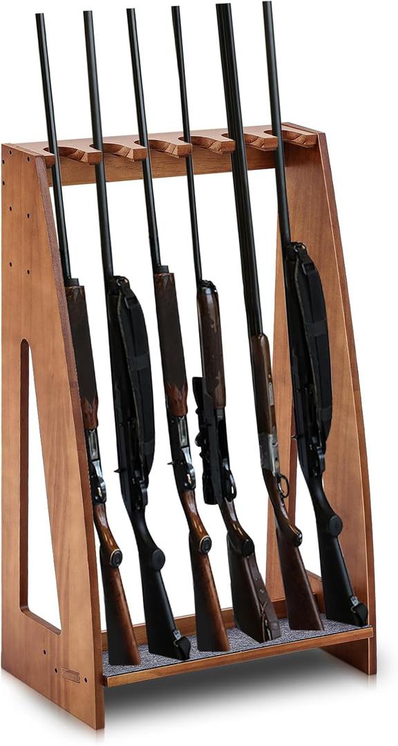 Yousoontic Indoor Gun Racks, Floor Standing Rifle Rack Wooden Freestanding Vertical Shotgun Display Stand with Soft Padding Safe Heavy Duty Gun Storage for Home Garage Office (Hold 6 Guns, Walnut)