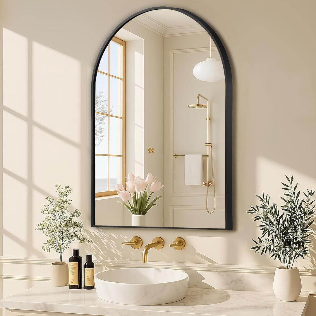 MZON 16 * 24 Inch Arched Black Mirror, Arched Bathroom Mirror, Arch Mirrors for Wall, Vanity, Entryway&Livingroom, Metal Frame&Tempered Glass, Anti-Rust, Modern Home Decor