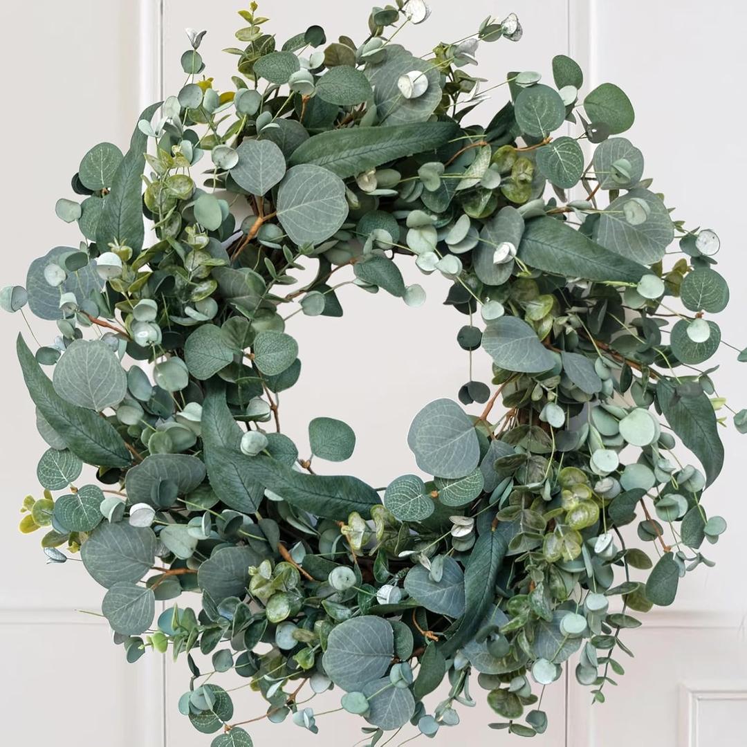 15" Eucalyptus Wreath, Year Round Wreaths for Front Door, Spring Summer Wreath with Green Faux Eucalyptus, All Seasons Evergreen Decor for Inside Farmhouse Festival Celebration Party(3PC)