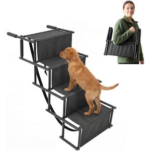 Foldable Dog Ramp for Car, 4-Step Portable Dog Stairs for Large Dogs, Extra Wide Non-Slip Pet Steps for SUV Truck, Supports Up to 150 lbs, Lightweight with Shoulder Strap for Travel & Home