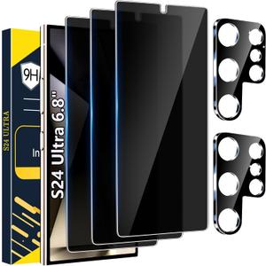[3+2 Pack] Galaxy S24 Ultra Privacy Screen Protector, 9H Tempered Glass, Ultrasonic Fingerprint Support, 3D Curved, HD Clear Anti-Spy Film for Samsung S24 Ultra 5G Glass Screen Protector