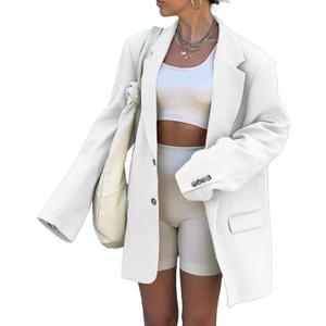 Grlasen Women Casual Elegant Long Sleeve Oversized Lapel Blazers Open Front Solid Work Office Jacket Blazer (Large, White)