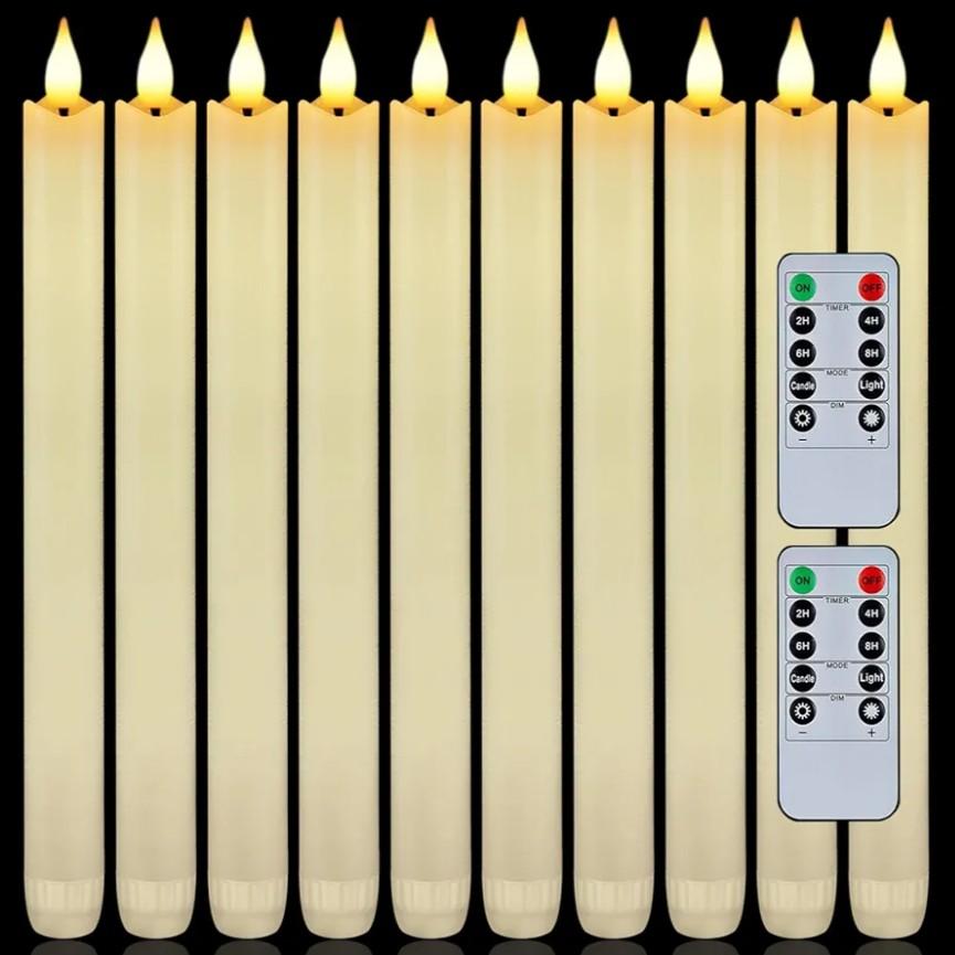 Homemory 12 Pcs Waxy Flameless Taper Candles with Remote, Flickering Battery Operated Taper Candles, Led Flameless Candlesticks Classic Tall Candle for Home, Wedding, Party, Ivory, 9.6 inches