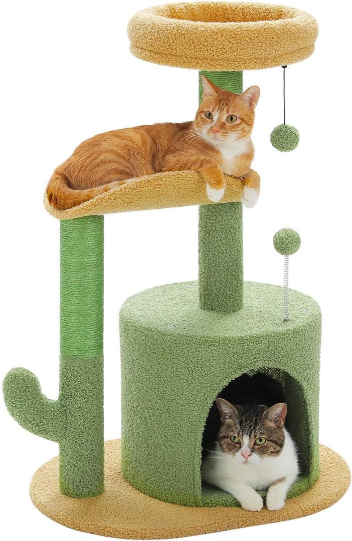 PAWZ Road Cactus Cat Tree Small Cat Tower 32 Cat Scratching Post with Curved Perch, Cozy Cat Condo, Removable Padded Top Bed for Kittens and Indoor Cats-Green, Cactus Green 21.5"L x 15.6"W x 32"H