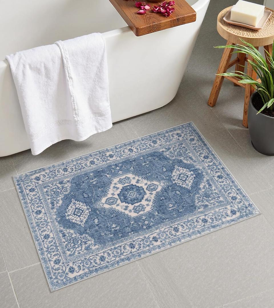 Seavish Blue Boho Bathroom Rugs, 18x26 Inch Vintage Distressed Absorbent Bath Mat, Small Non Slip Washable Bath Rug for Sink Shower Vanity, Soft and Comfortable Oriental Bathroom Floor Mat