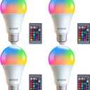 4 Pack RGB Color Changing Light Bulbs with Remote,RGBW LED Light Bulbs,9W Warm White 6500K,16 Color Multicolor A19 E27 Dimmable Memory Function,for Home Decoration,Stage,Bar,Party