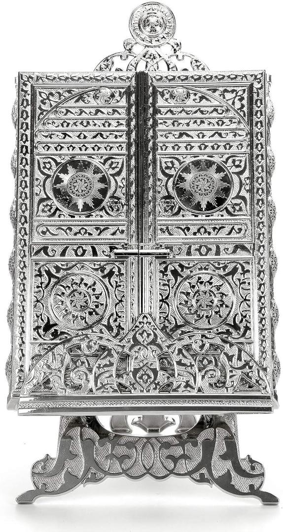 Ihvan Online Metal Quran Box With Stand, Kaaba Door Motif, Islamic Decorations for Home, Muslim Home & Table Decor, Perfect Gifts, Color: Silver