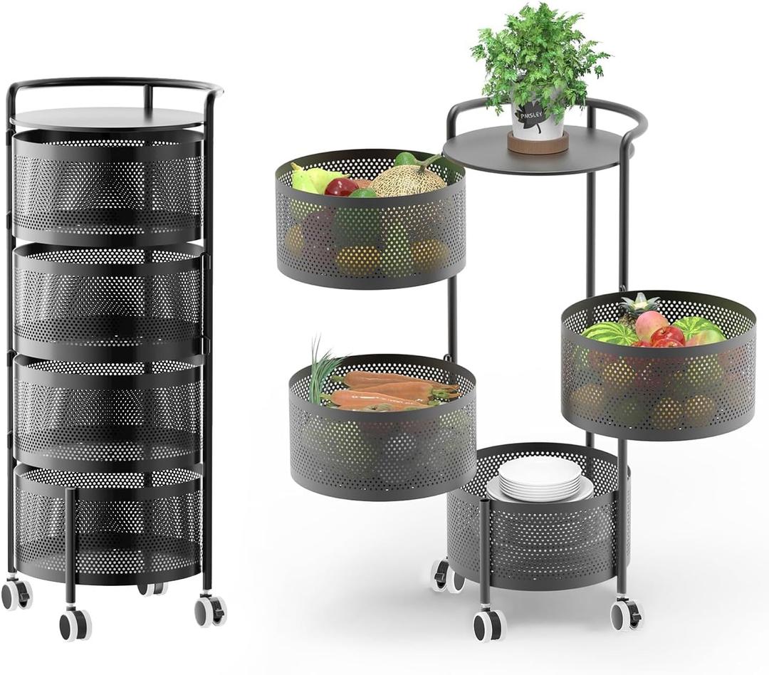 Kitchen Storage Rack No Assembly, 4-Tier Metal Storage Tower Cart Organizer on Rolling Wheels with Removal Basket for Fruit Vegetable Grocery Corns Potato Onion,Fruteros Para Cocina (4-Tier, Black)