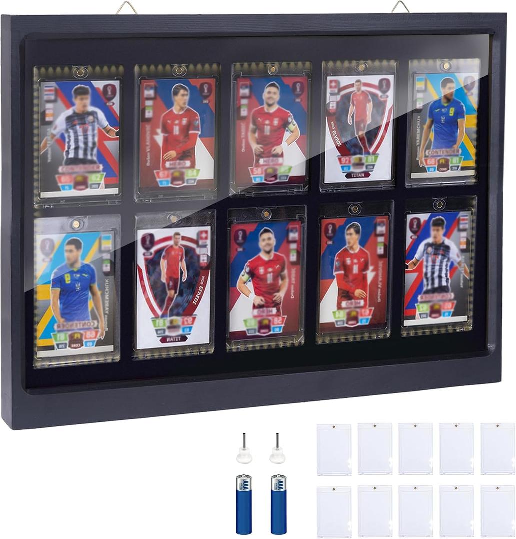 10 Wooden Sport Cards Display Case with LED Lights,UV Protection Acrylic Wall Cabinet,for Football Basketball Trading CardsIncludes 10 Standard Card Sleeves