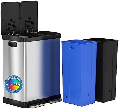 iTouchless 16 Gallon Dual Trash Can & Recycling Bin, Soft-Close Lid, Odor Filters, Stainless Steel with 2 Separated 8 Gallon/30 Liter Bins, Space-Saving Design Hands-Free Foot Pedals for Home & Office