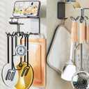 360Rotating Kitchen Utensil Rack n Phone Stand| Wall Mount Free Drilling Adhesive Utensils Hanging Holder with 6 Hooks| for Kitchen Tools n Gadgets