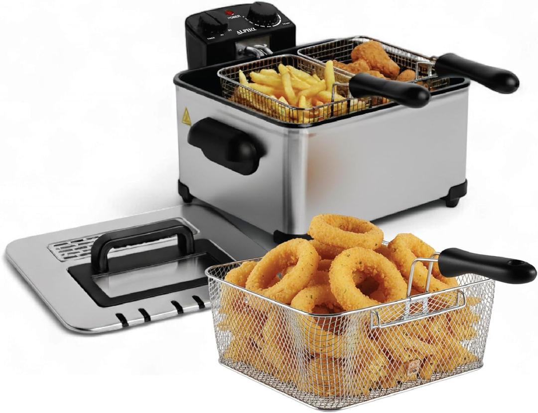 Alpha Living Electric Deep Fryer  4.5L Deep Fryer with Basket with 2-Quart and 4-Quart Baskets  High-Grade Stainless Steel  Temperature Control and Timer  Ideal for Fried Chicken, Fries