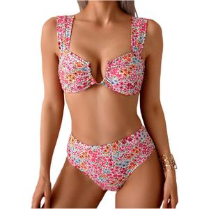 MakeMeChic Women's High Waisted Bikini Sets Floral Swimsuit Bathing Suit Swimwear (Large, Multicolor)