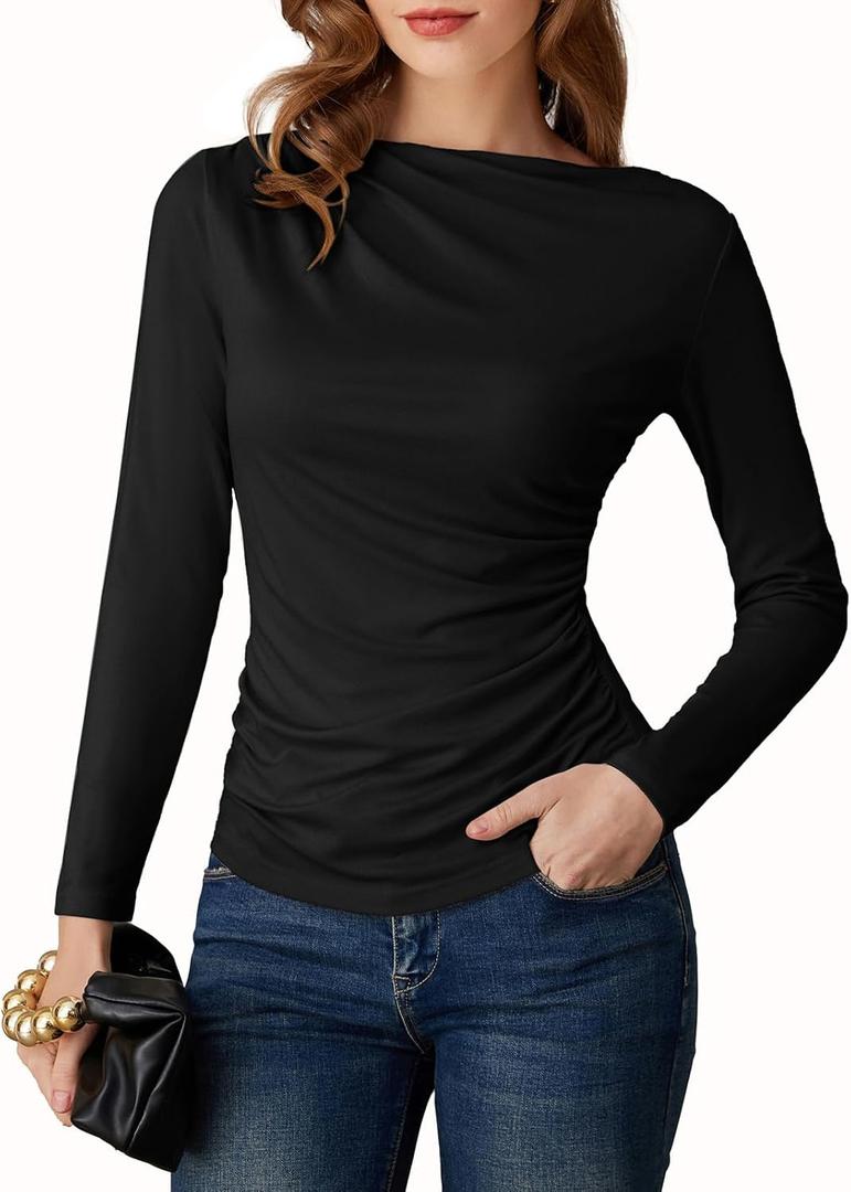 GRACE KARIN 2026 Women's Long Sleeve Wrap Blouse - Boat Neck Ruched Fitted Trendy Top for Fall Dressy Casual (Medium, Black)