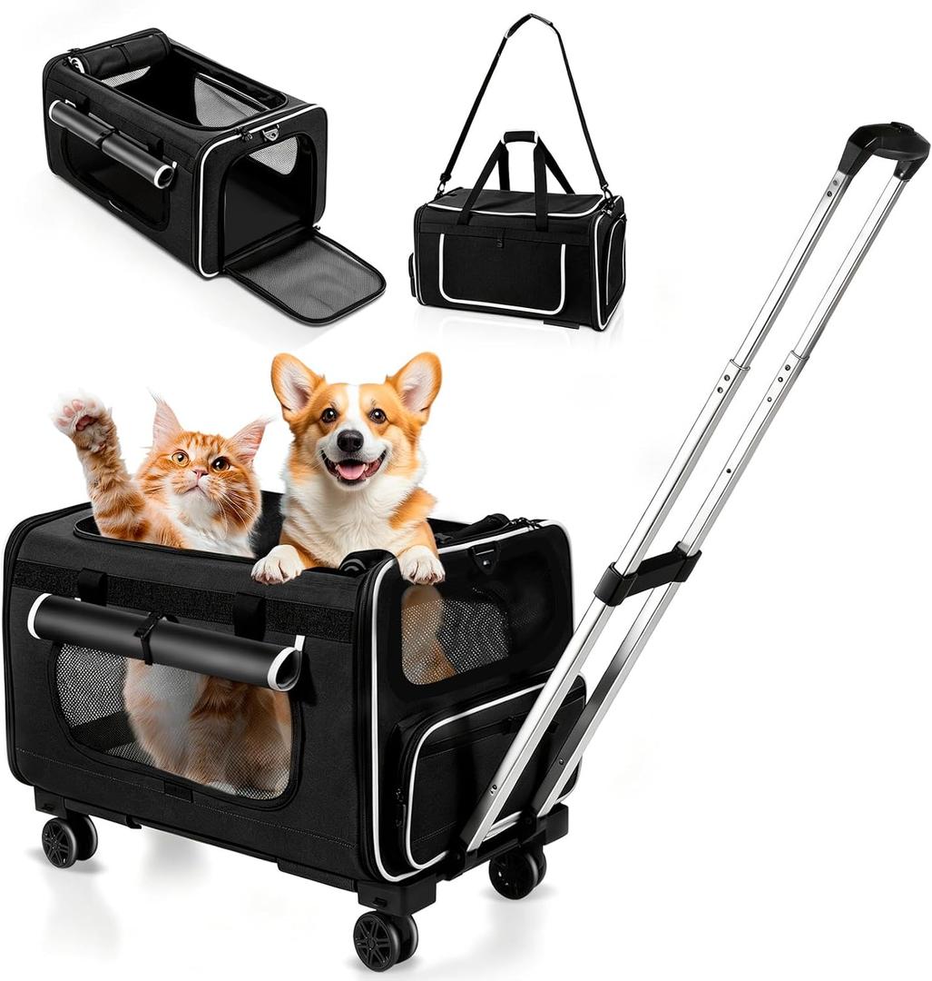 Large Pet Carrier with Detachable Wheels, 2 IN1 Foldable Soft-Sided Carriers- Designed for Dogs & Cats, Telescopic Handle, for Outdoor Car Indoor, Max. 44 LBS(Not for Airline)