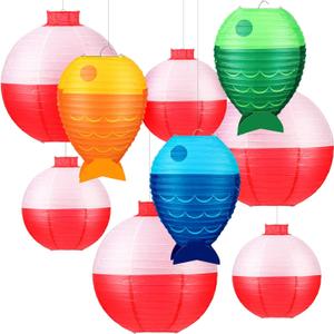 9 Pcs Fish Shaped and Bobber Paper Hanging Lanterns Set Fishing Party Decorations Paper Lanterns Colored for Party Red and White Round Birthday Supplies