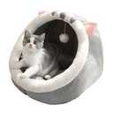 Cozy Cat Cave Pet Bed, Gray and White, 3, Indoor Cat House with Hanging Toy Ball, Soft Plush Cat Dome Bed for Small to Large Cats