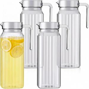 Didaey 4 Pcs Acrylic Water Pitcher with Lid, Spout Handle Clear Plastic Pitcher Heat Resistant Carafe Unbreakable Beverage Container Fridge Jug for Juice Ice Tea Sangria Lemonade(37 oz,Stripe)