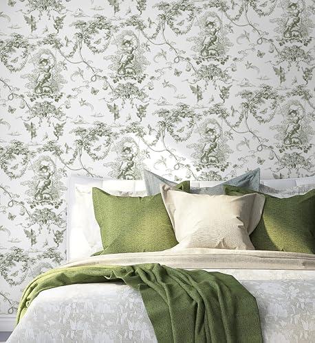 Pack of 4, CiCiwind Peel and Stick Wallpaper Toile Wallpaper White and Green Wallpaper Vintage Wallpaper Removable Self Adhesive Wallpaper for Bedroom Living Room Walls Decor 16"×78.7"