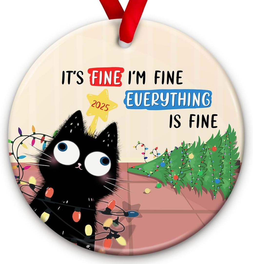 2 x SOL VIBES Funny Black Cat Christmas Ornament  It's Fine I'm Fine Everything is Fine Ornament, Christmas Holiday Decor - Humorous Xmas Tree Hanging, Xmas Gift Ideas for Cat Lovers, Friends, Family