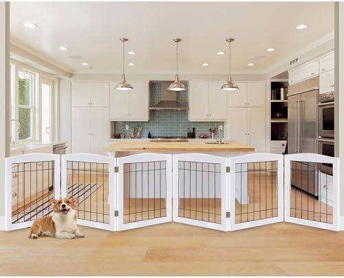 LZRS 6-Panel Extra-Wide Wooden Freestanding Dog Gate: Foldable Solid Wood and Steel Wire Chew Resistant Safety Barrier for Doorways, Stairs, and Open Long Spaces Indoor Use, White